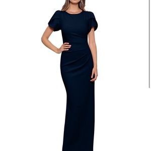 Xscape puff sleeve ruched gown- pine